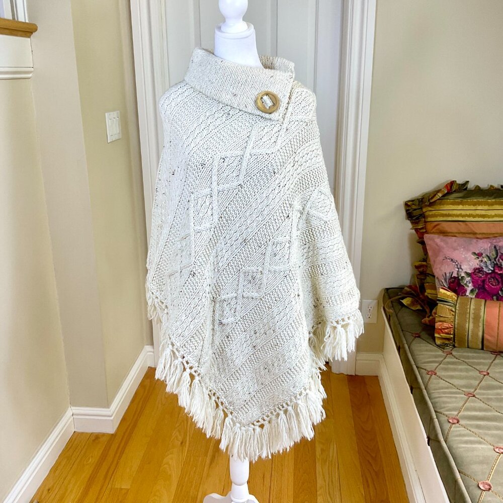 Chunky Knit Poncho Cape Fringe Button Ivory (OS) - Picture 3 of 10